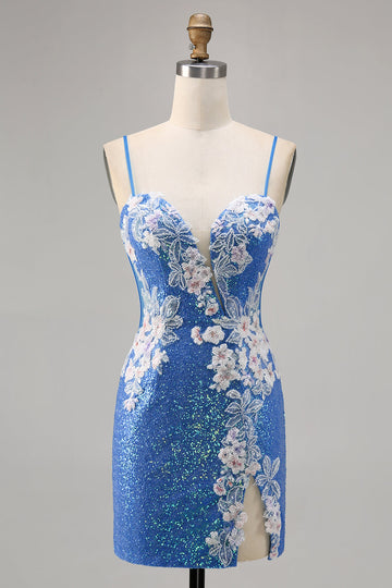 Sparkly Floral Blue Bodycon Sequin Short Cocktail Dress with Slit